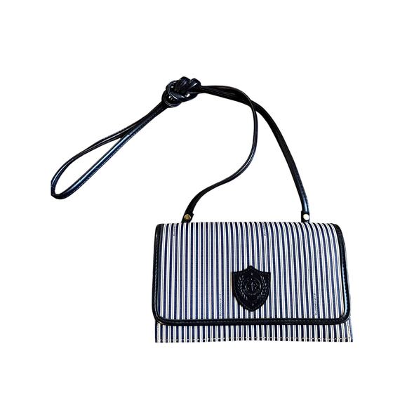 VINTAGE 80s 90s Liz Claiborne Blue White Stripe Crossbody Purse w Crest - Picture 1 of 8